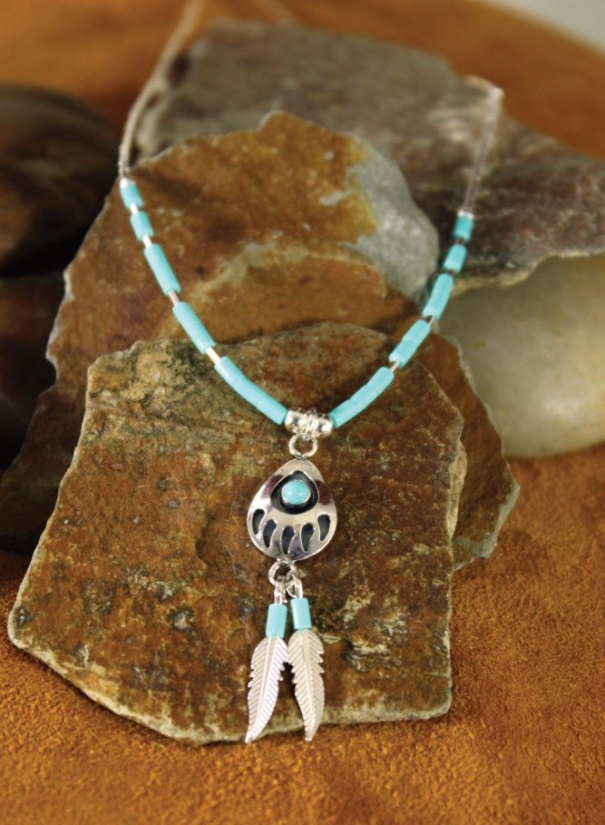 Sterling Silver Bear Paw and Feather Necklace