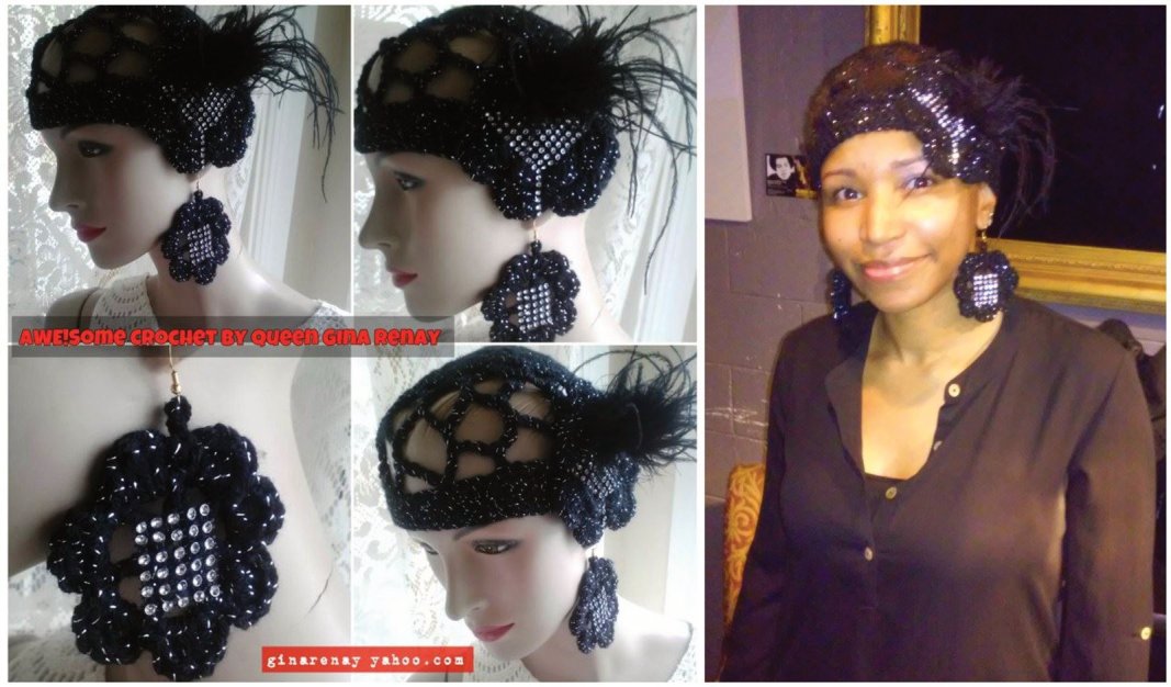 Andrea in feather crochet hat with matching earrings