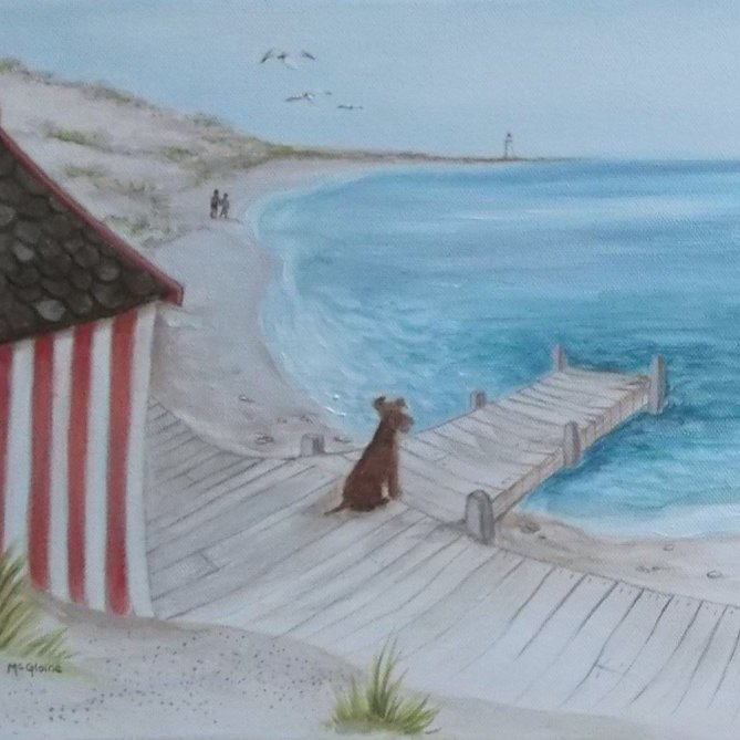 Beach huts and dog by Janice McGloine