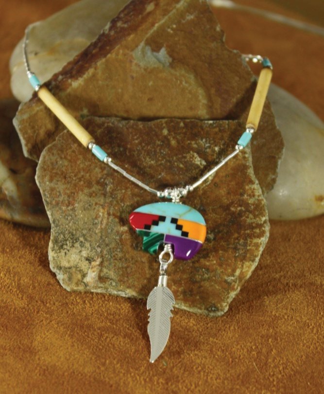 Multi Coloured Inlaid Zuni Bear Necklace