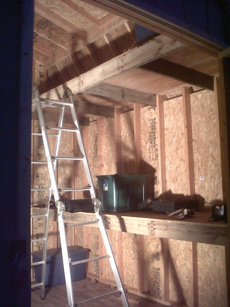 Heavy duty loft and work bench built in