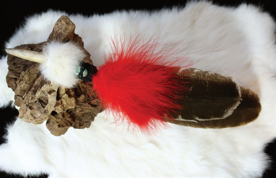 Dancing Red Fluffies with Barred Turkey Feather, Rabbit, Antler tip and Turquoise Bead Handle.