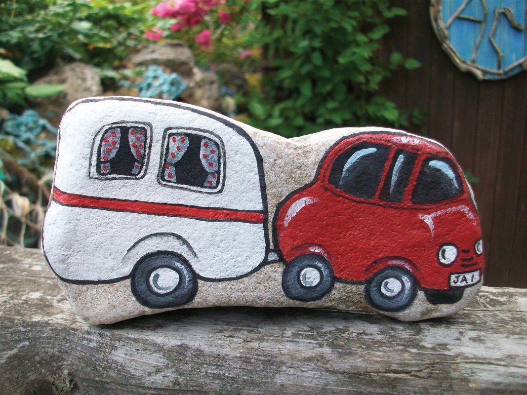 car & caravan painted pebble