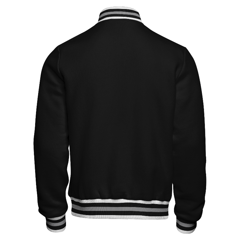 Back of Fleece Letterman Jacket in Black with ribbing in White, Black and Light Gray