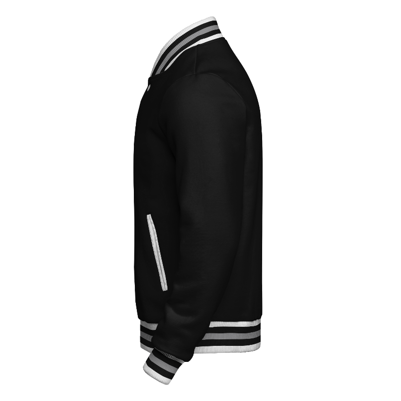 Left of Fleece Letterman Jacket in Black and White with ribbing in White, Black and Light Gray