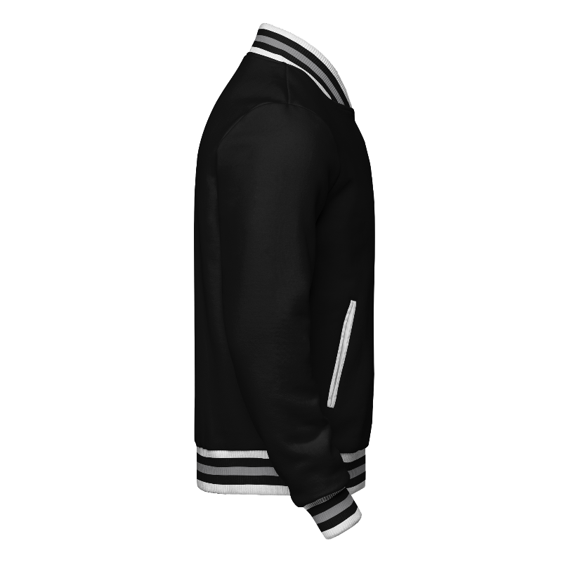 Right of Fleece Letterman Jacket in Black and White with ribbing in White, Black and Light Gray