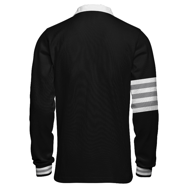 Back of Rugby Jersey  in Black and White with Light Grey and White stripes and ribbing in Black, White and Light Grey