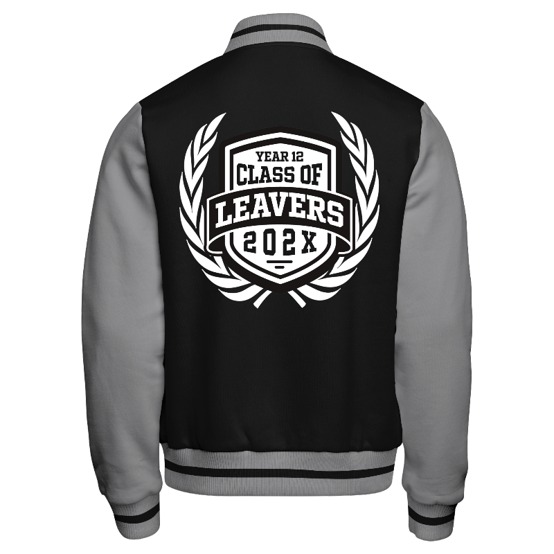 Back of Fleece Varsity Jacket (Stormfront) in Black with Light Grey sleeves, ribbing in Light Grey and Black and decoration on back center