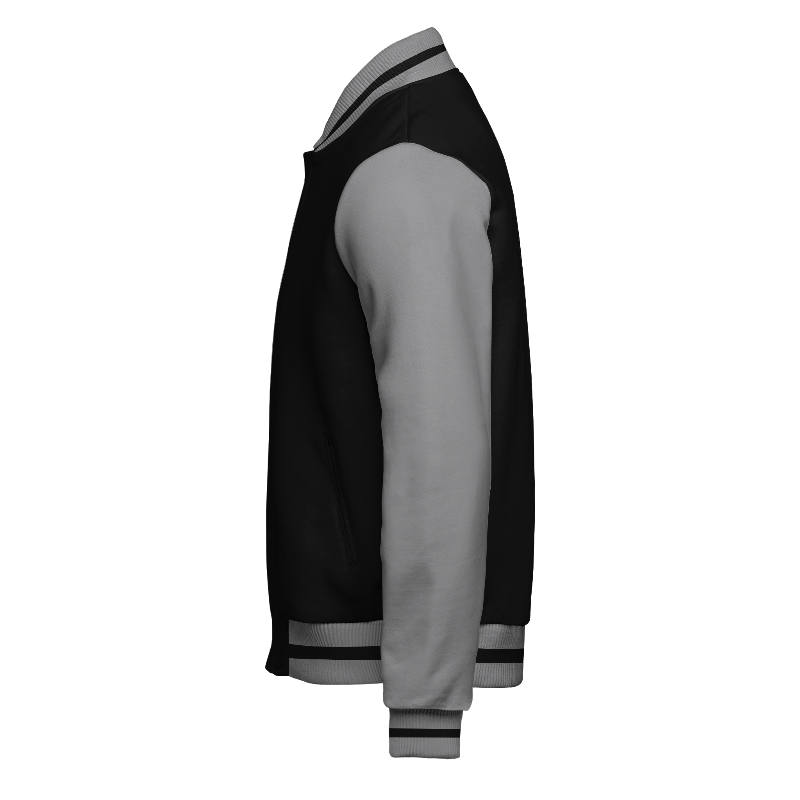 Left of Fleece Varsity Jacket (Stormfront) in Black and Light Grey with Light Grey sleeves and ribbing in Light Grey and Black