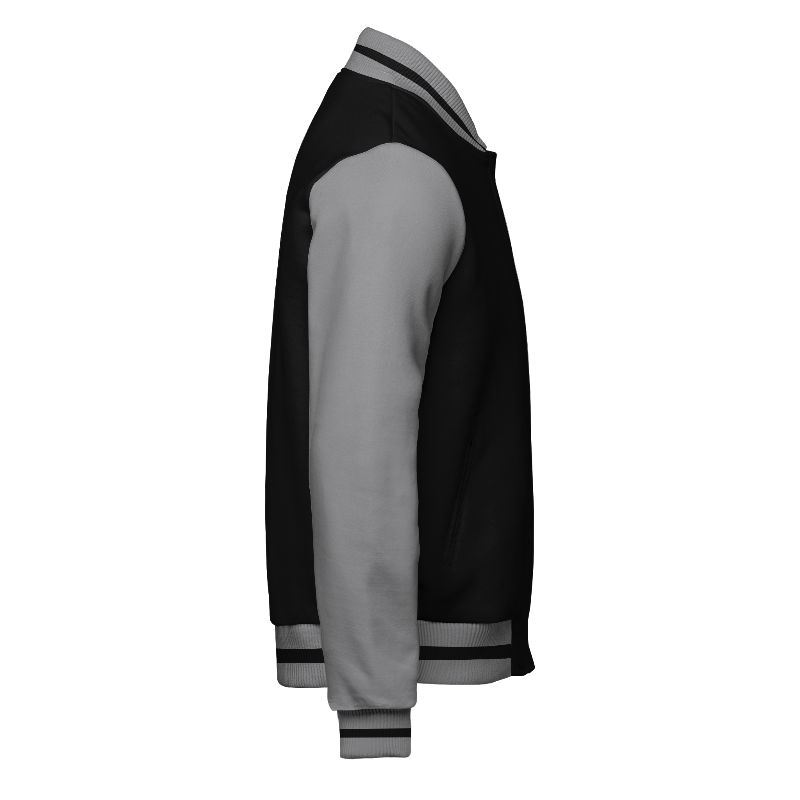 Right of Fleece Varsity Jacket (Stormfront) in Black and Light Grey with Light Grey sleeves and ribbing in Light Grey and Black