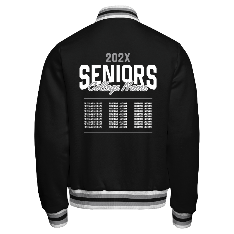 Back of Fleece Varsity Jacket (Stormfront) in Black with ribbing in White, Light Grey and Black and decoration on back center
