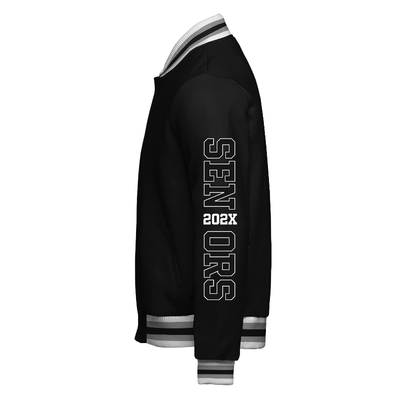 Left of Fleece Varsity Jacket (Stormfront) in Black and White with ribbing in White, Light Grey and Black and decoration on sleeve left