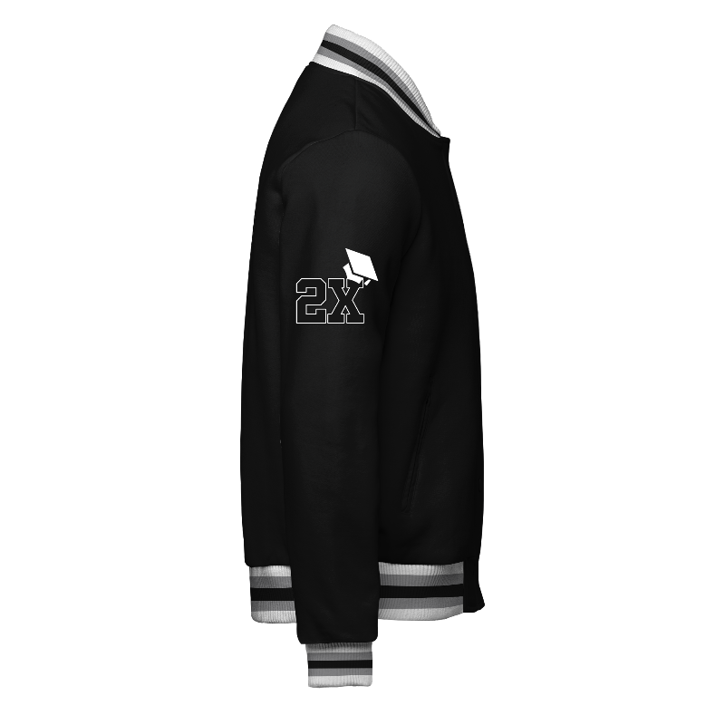 Right of Fleece Varsity Jacket (Stormfront) in Black and White with ribbing in White, Light Grey and Black and decoration on sleeve right