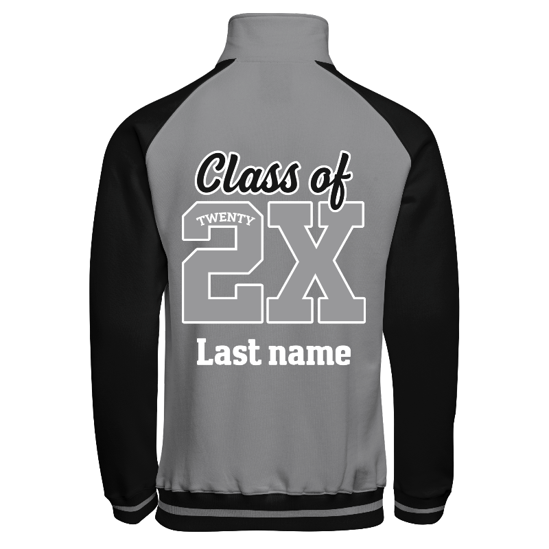 Back of Quarter-Zip Sweater in Light Grey with Black sleeves, ribbing in Black and Light Grey and decoration on back center including a custom name for personalisation