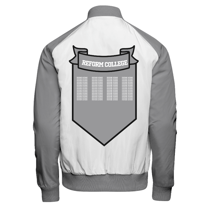 Spray proof back of Reversible Varsity Jacket  in White with Light Grey sleeves, ribbing in Light Grey and White and decoration on back center