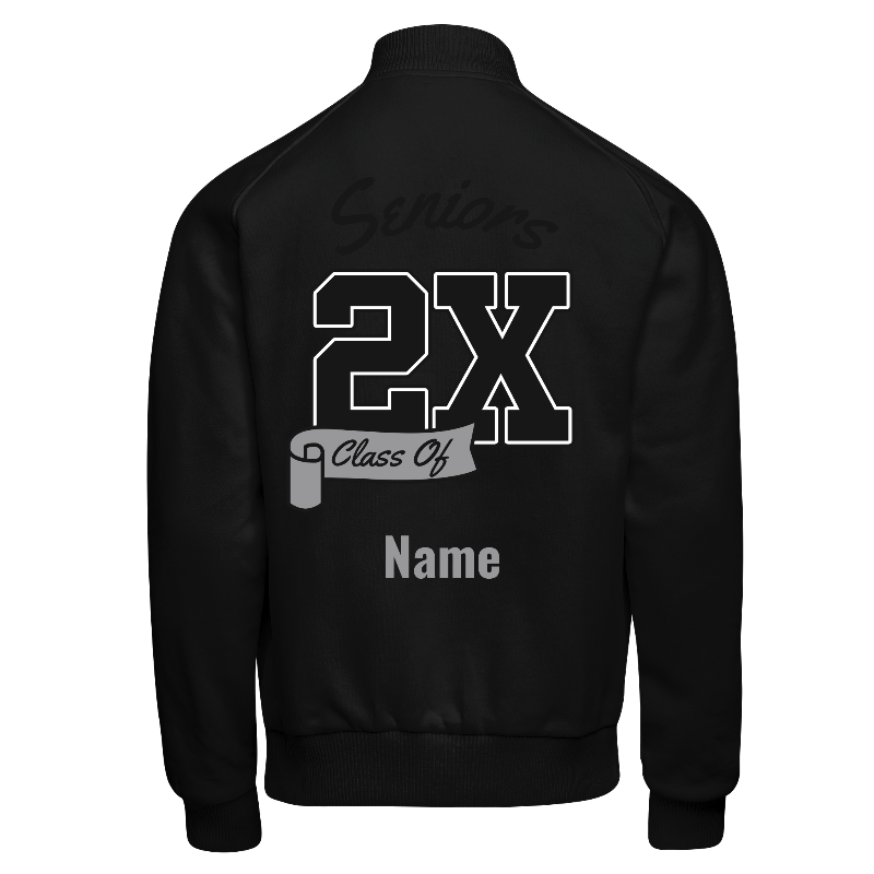 Fleece back of Reversible Varsity Jacket  in Black with ribbing in Black and White and decoration on back center including a custom name for personalisation