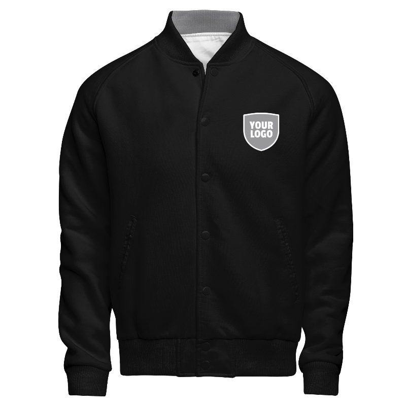 Fleece front of Reversible Varsity Jacket  in Black with ribbing in Black and White and decoration on chest left