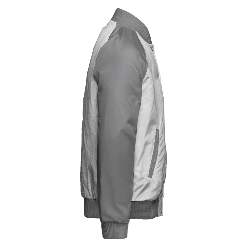 Spray proof right of Reversible Varsity Jacket  in White and Light Grey with Light Grey sleeves and ribbing in Light Grey and White