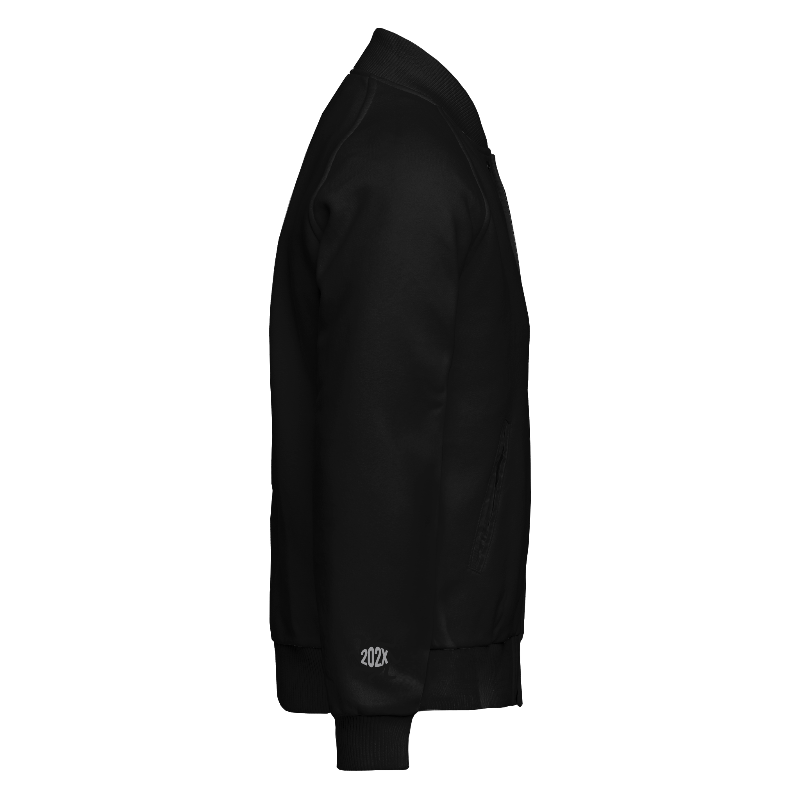 Fleece right of Reversible Varsity Jacket  in Black with ribbing in Black and White and decoration on cuff right