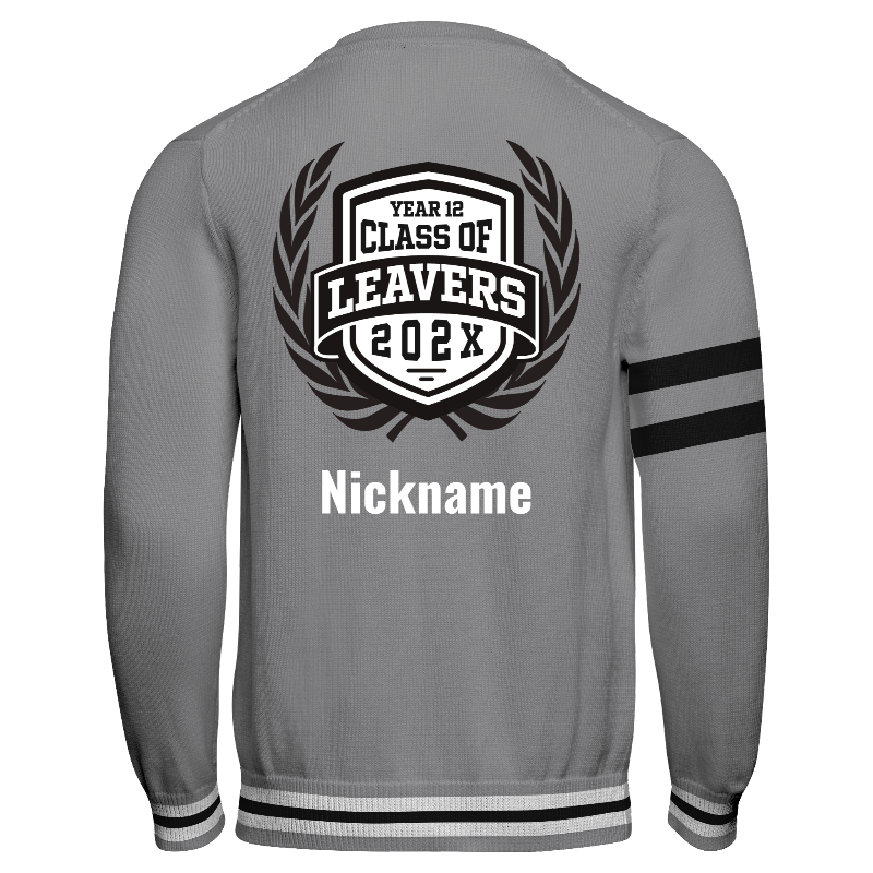 Back of Knitted Varsity Cardigan in Light Grey with Light Grey and Black sleeves, ribbing in Light Grey, White and Black and decoration on back center including a custom name for personalisation