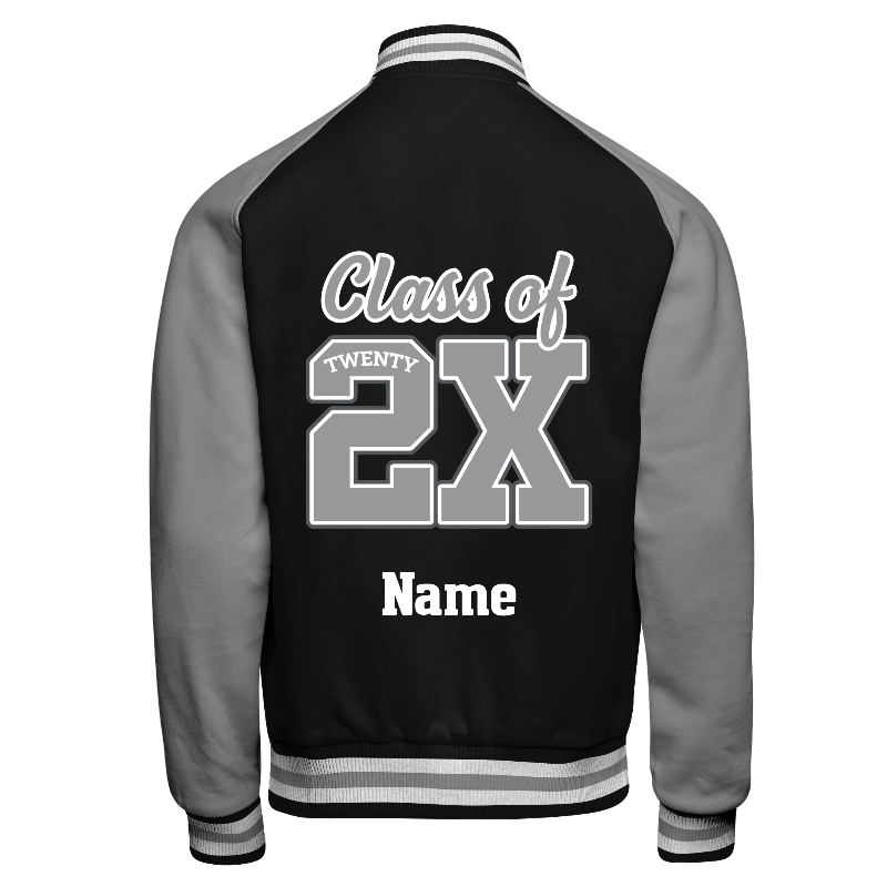 Fleece back of Reversible Varsity Jacket  in Black with Light Grey sleeves, ribbing in Black, White and Light Grey and decoration on back center including a custom name for personalisation
