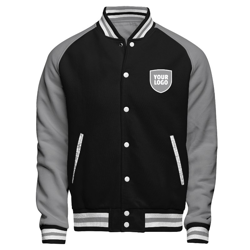 Fleece front of Reversible Varsity Jacket  in Black and White with Light Grey sleeves, ribbing in Black, White and Light Grey and decoration on chest left