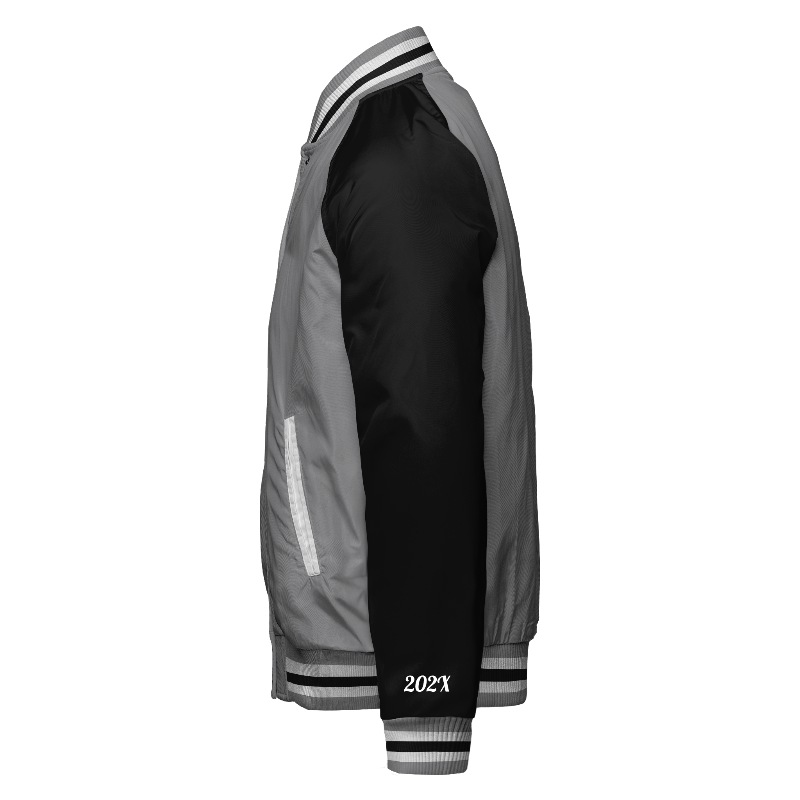 Spray proof left of Reversible Varsity Jacket  in Light Grey and White with Black sleeves, ribbing in Light Grey, White and Black and decoration on cuff left