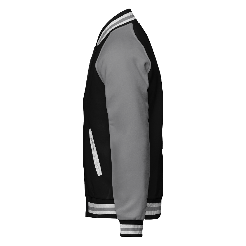 Fleece left of Reversible Varsity Jacket  in Black and White with Light Grey sleeves and ribbing in Black, White and Light Grey