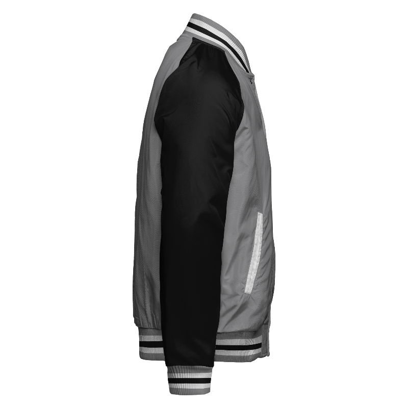 Spray proof right of Reversible Varsity Jacket  in Light Grey and White with Black sleeves and ribbing in Light Grey, White and Black