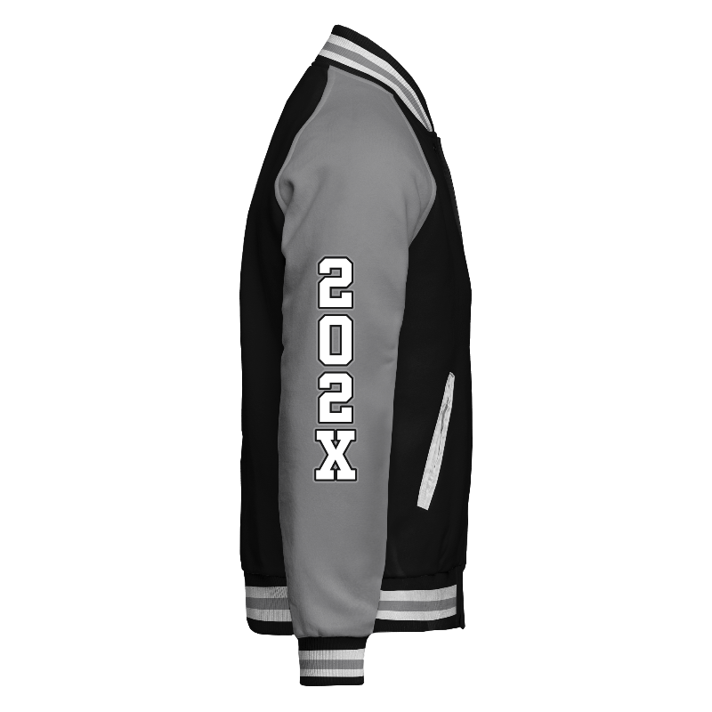 Fleece right of Reversible Varsity Jacket  in Black and White with Light Grey sleeves, ribbing in Black, White and Light Grey and decoration on sleeve right