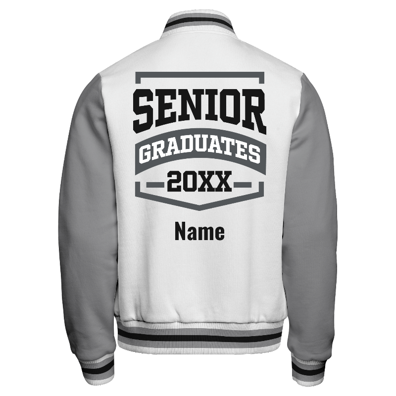 Back of Fleece Varsity Jacket (Stormfront) in White with Light Grey sleeves, ribbing in White, Light Grey and Black and decoration on back center including a custom name for personalisation
