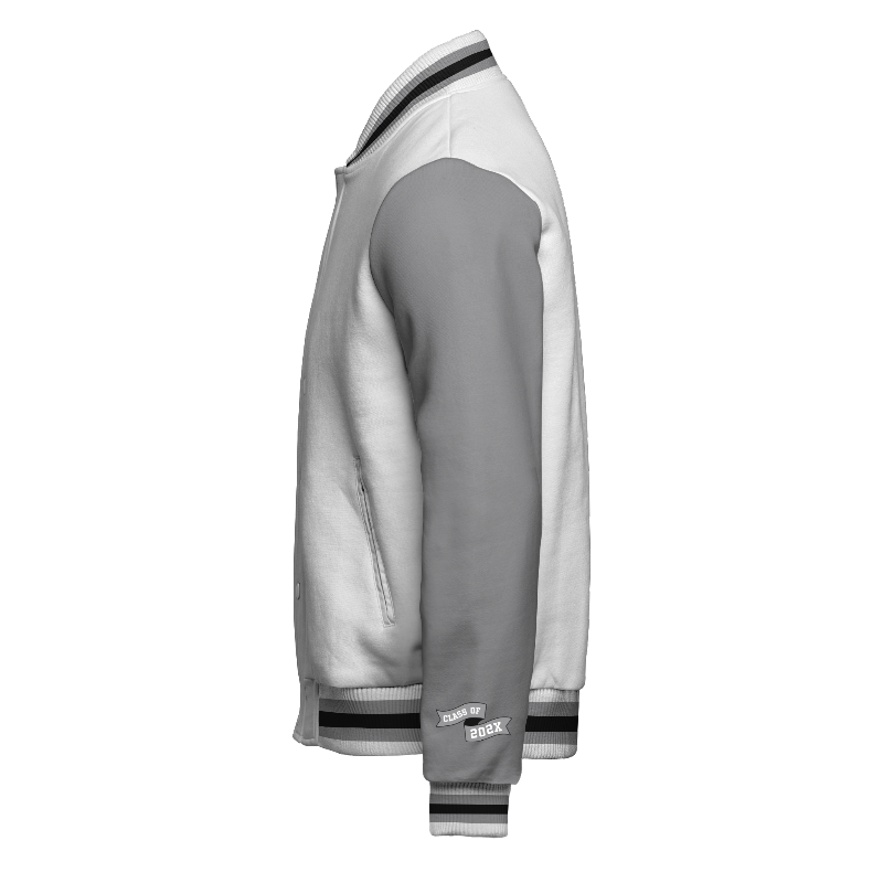 Left of Fleece Varsity Jacket (Stormfront) in White and Black with Light Grey sleeves, ribbing in White, Light Grey and Black and decoration on left cuff