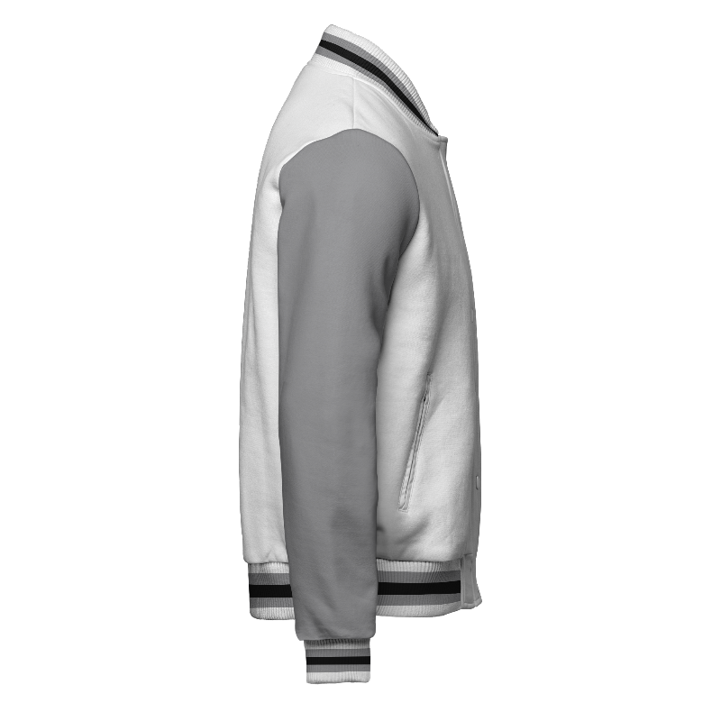 Right of Fleece Varsity Jacket (Stormfront) in White and Black with Light Grey sleeves and ribbing in White, Light Grey and Black