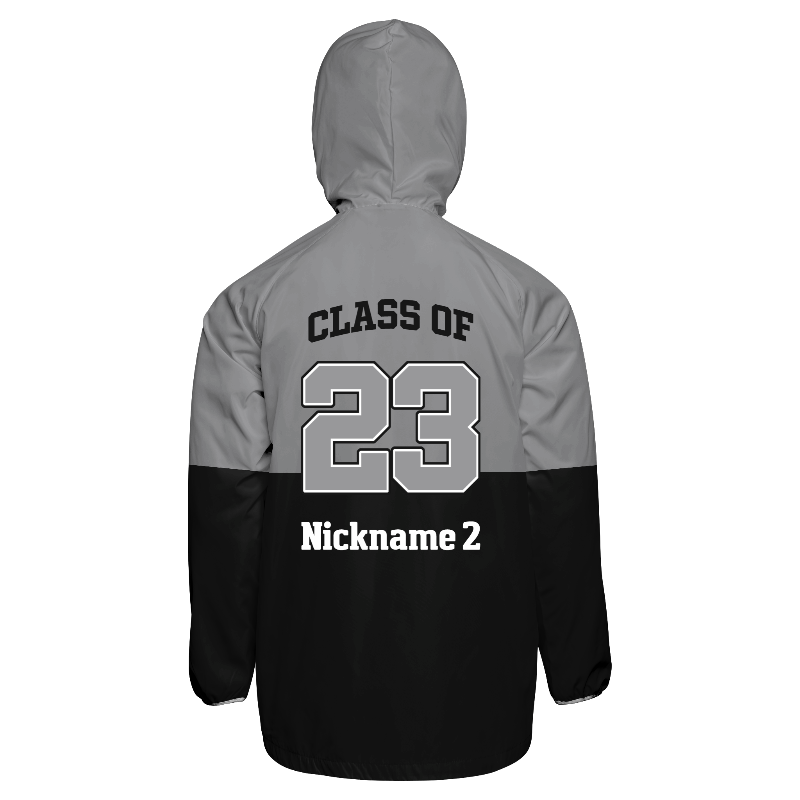 Back of Windbreaker Jacket in Light Gray and White with Black and Light Gray stripes and decoration on back center including a custom name for personalization
