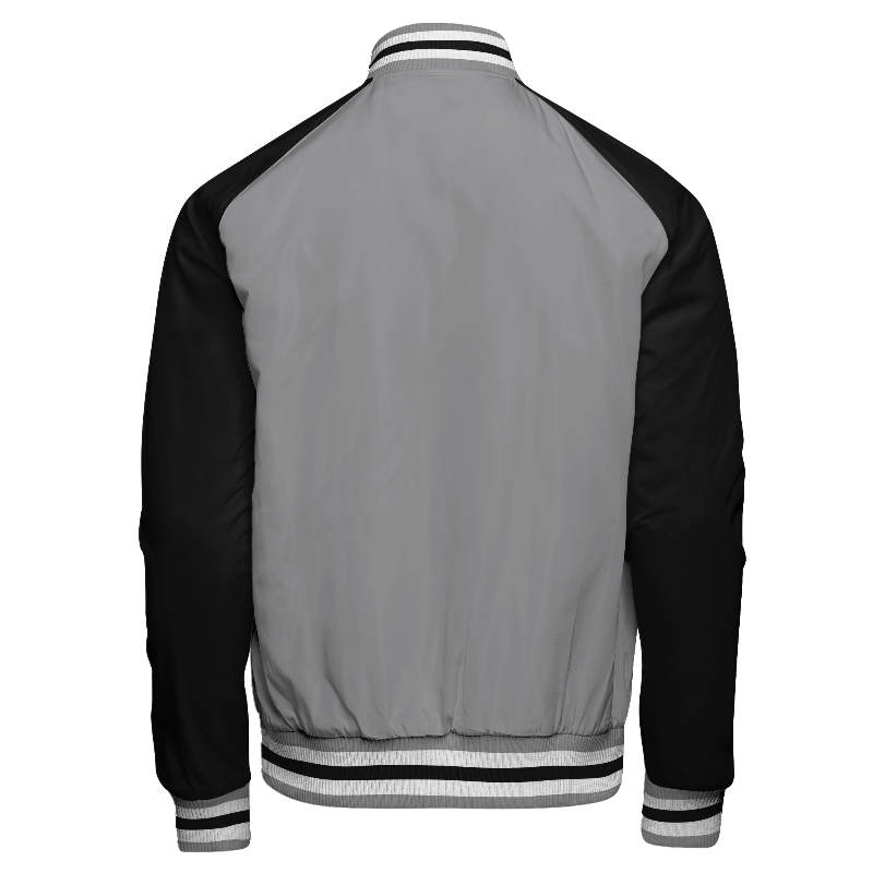 Spray proof back of Reversible Varsity Jacket  in Light Grey with White stripes, Black sleeves and ribbing in Light Grey, White and Black