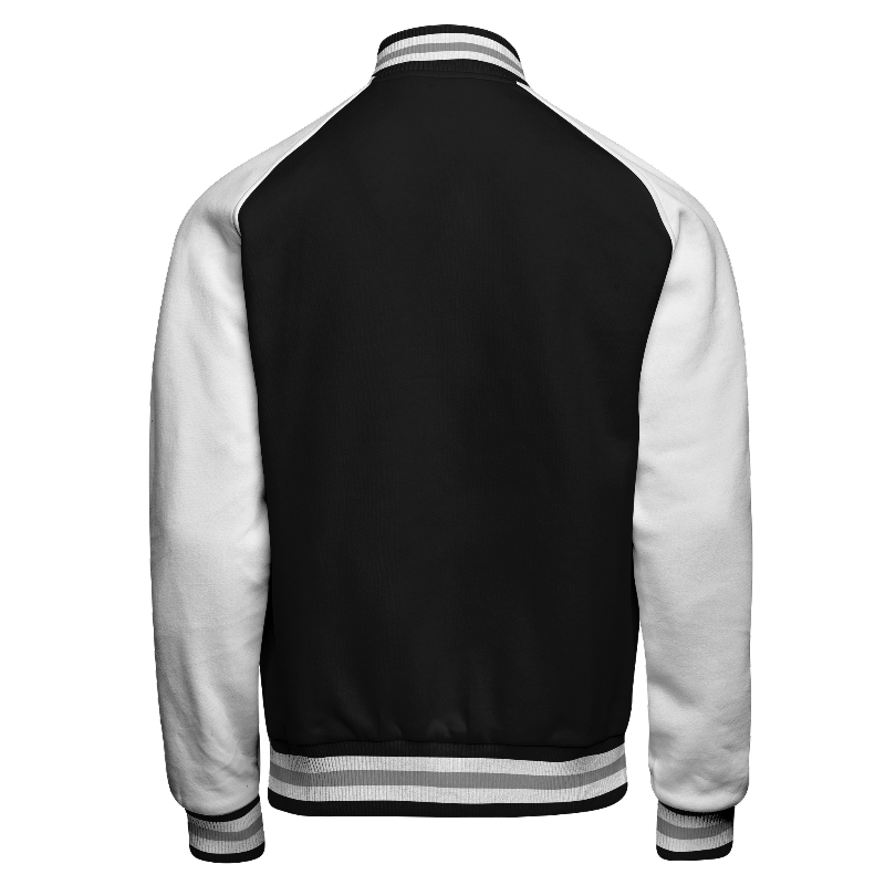 Fleece back of Reversible Varsity Jacket  in Black with White sleeves and ribbing in Black, White and Light Grey
