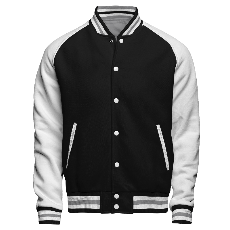 Fleece front of Reversible Varsity Jacket  in Black and White with White sleeves and ribbing in Black, White and Light Grey