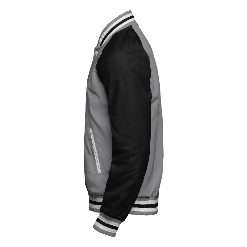 Spray proof left of Reversible Varsity Jacket  in Light Grey and White with White stripes, Black sleeves and ribbing in Light Grey, White and Black