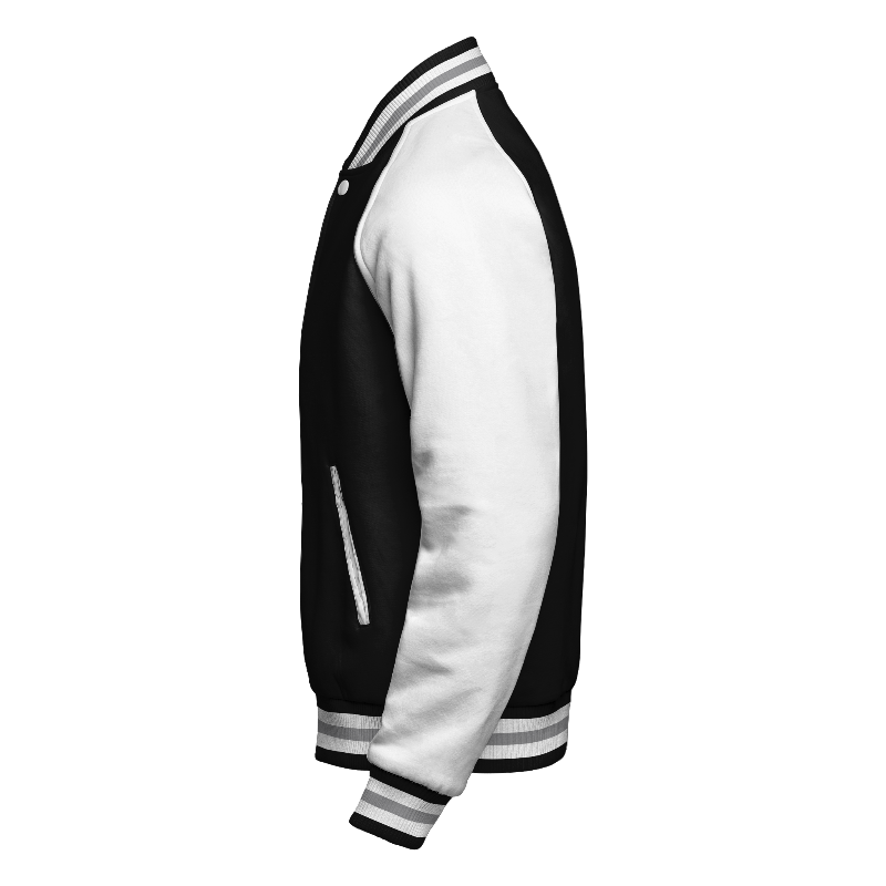 Fleece left of Reversible Varsity Jacket  in Black and White with White sleeves and ribbing in Black, White and Light Grey
