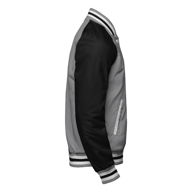 Spray proof right of Reversible Varsity Jacket  in Light Grey and White with White stripes, Black sleeves and ribbing in Light Grey, White and Black