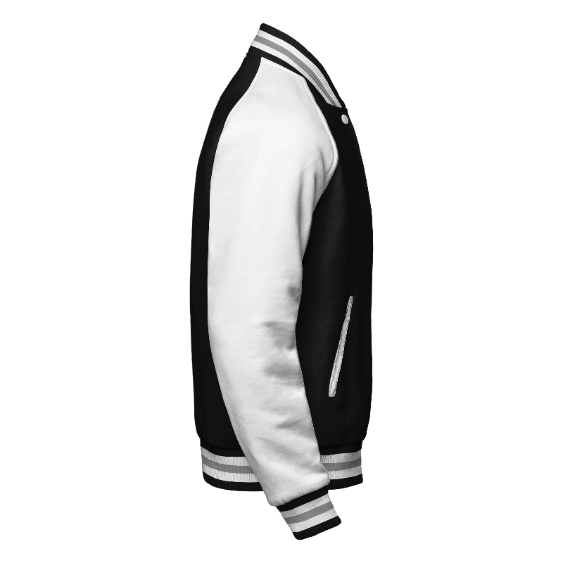 Fleece right of Reversible Varsity Jacket  in Black and White with White sleeves and ribbing in Black, White and Light Grey