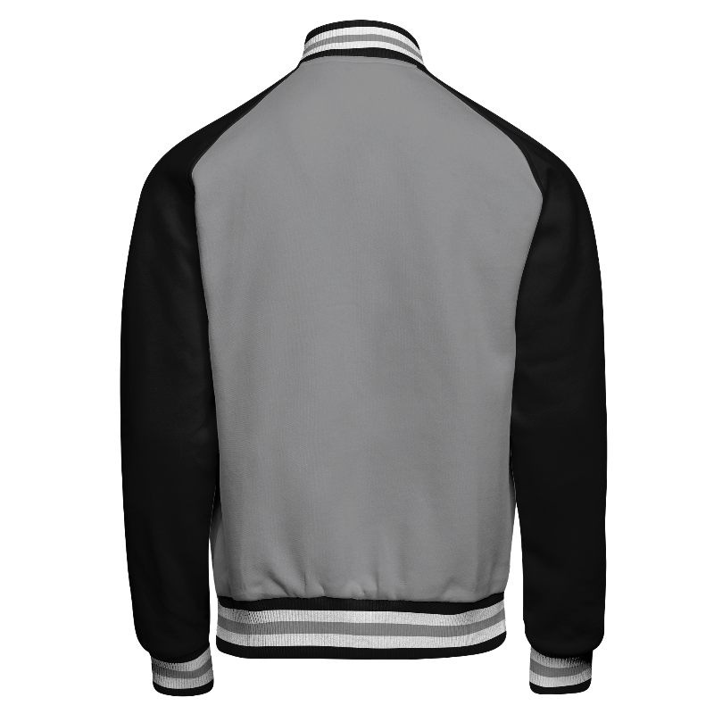 Fleece back of Reversible Varsity Jacket  in Light Grey with Black sleeves and ribbing in Black, White and Light Grey