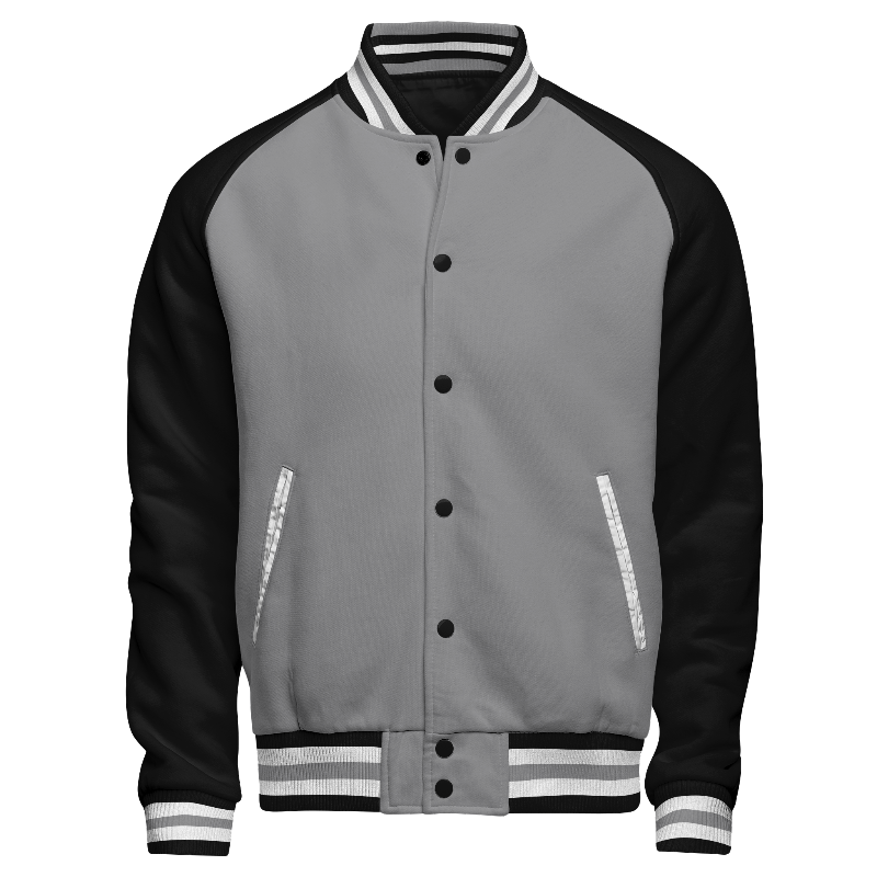 Fleece front of Reversible Varsity Jacket  in Light Grey, Black and White with Black sleeves and ribbing in Black, White and Light Grey
