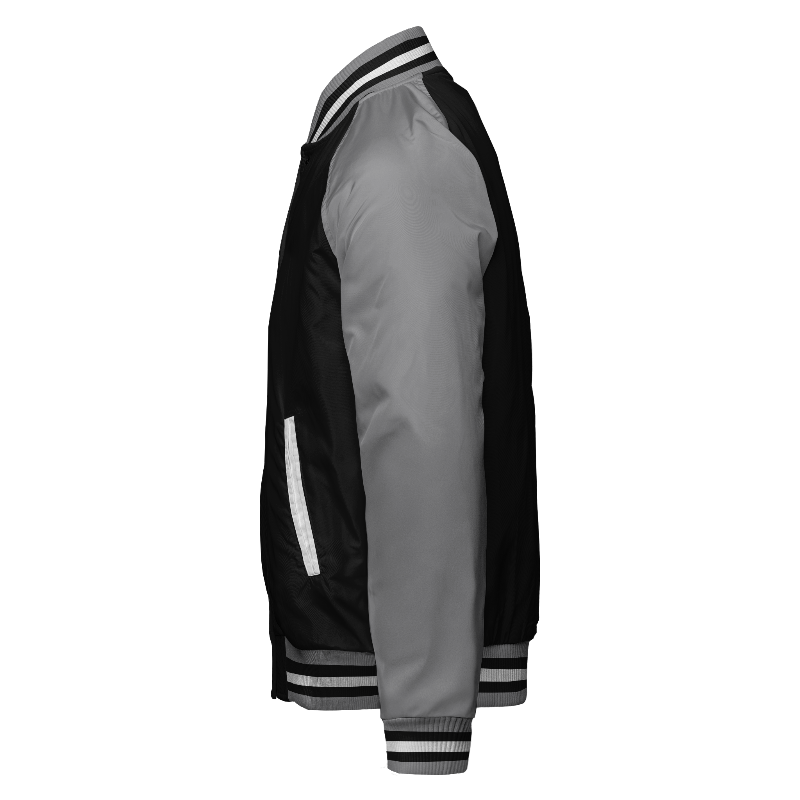 Spray proof left of Reversible Varsity Jacket  in Black and White with Light Grey sleeves and ribbing in Light Grey, Black and White