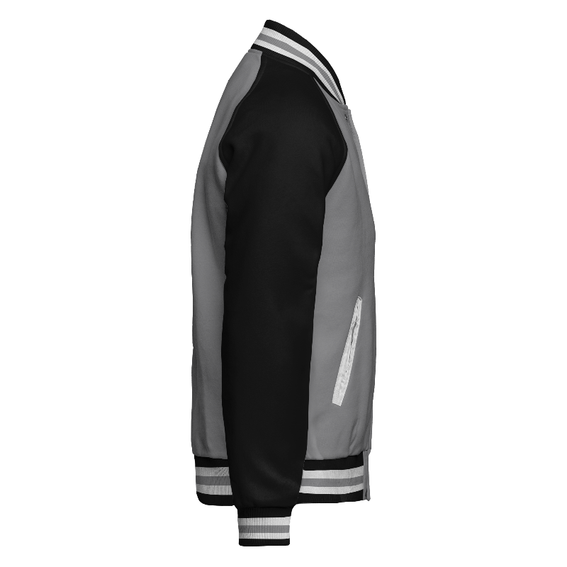 Fleece right of Reversible Varsity Jacket  in Light Grey and White with Black sleeves and ribbing in Black, White and Light Grey