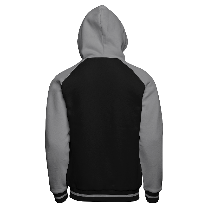 Back of Zip Hoodie in Black with Light Gray sleeves, Light Gray hood and ribbing in Black and Light Gray