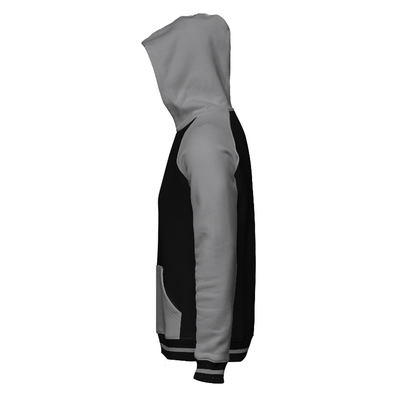 Left of Zip Hoodie in Black and Light Gray with Light Gray sleeves, Light Gray hood and ribbing in Black and Light Gray