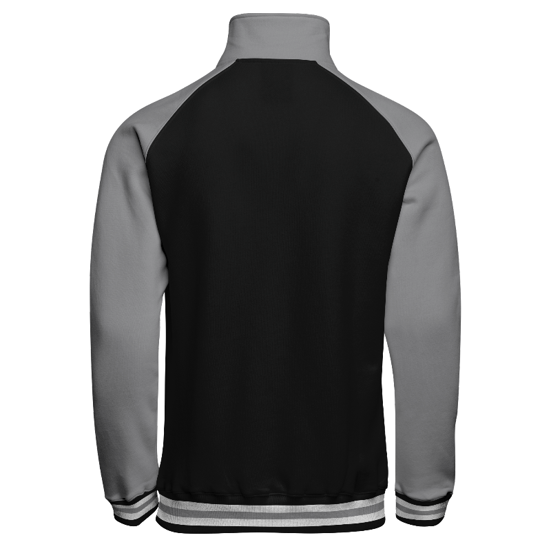 Back of Quarter-Zip Sweatshirt in Black and Light Gray with Light Gray sleeves and ribbing in Black, White and Light Gray