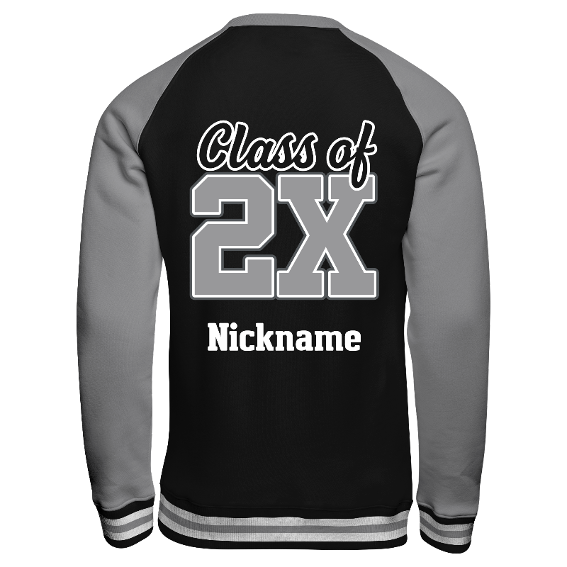 Back of Crew Neck Sweatshirt in Black and Light Gray with Light Gray sleeves, ribbing in Black, White and Light Gray and decoration on back center including a custom name for personalization