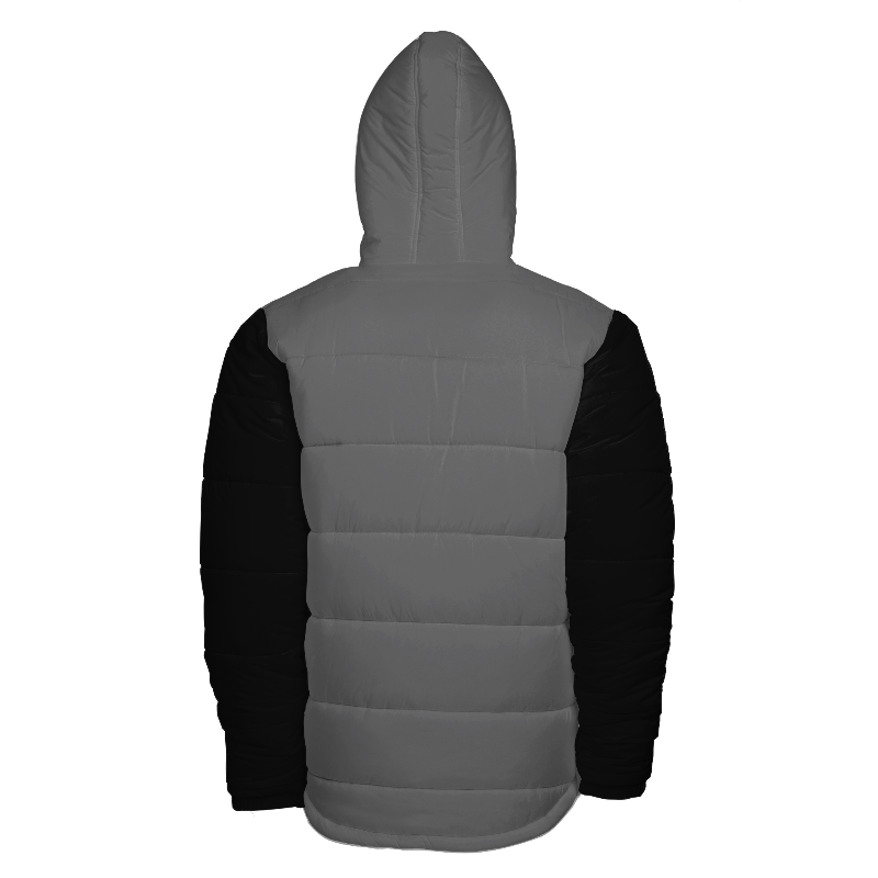 Back of Hooded Puffer Jacket in Light Grey with Black sleeves